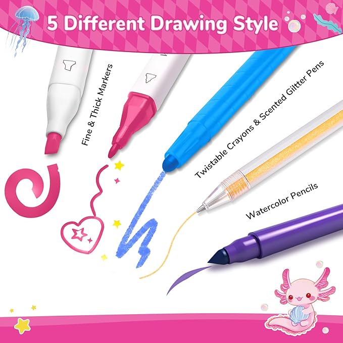 70PCS Axolotl Washable Markers Set with Glitter Pencil Case,Art Supplies for Kids Ages 4-6-8,Drawing Coloring Art Craft Kits for Girls with Marker,Glitter Pens,Crayon,Birthday Gifts Toys for Girls