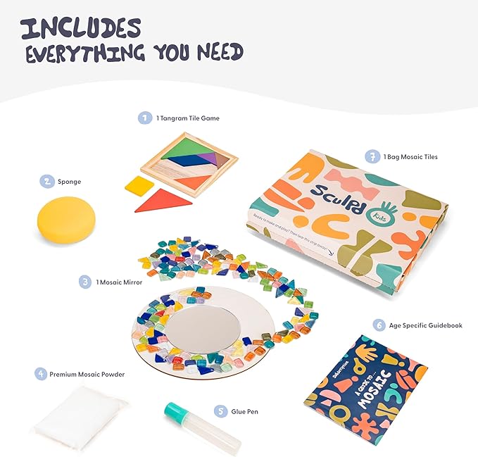 Sculpd Kids Mosaic Kit, Painting Craft Set for Kids Age 7+, Pottery, Includes Mosaic Tiles, 1 Tangram Tile Game, 2 Bags of Plaster, Additional Crafting Supplies & 1 Mirror, Montessori Education