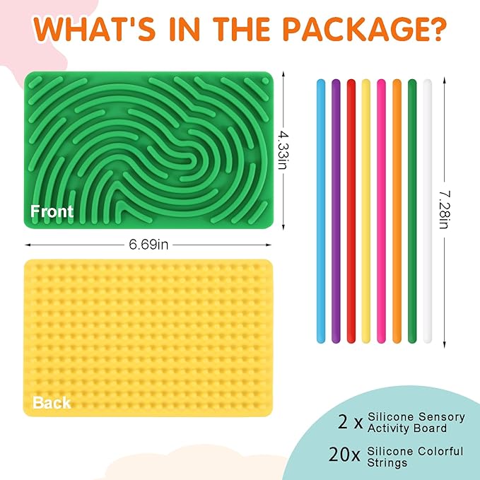 2pcs Sensory Activity Board, Double-Sided Silicone Fidget Toys for Kids 3+ & Adults, Sensory Toys for Anxiety, ADHD, Autism, Calming, Includes Travel Bag & 20 Strings, Yellow & Green