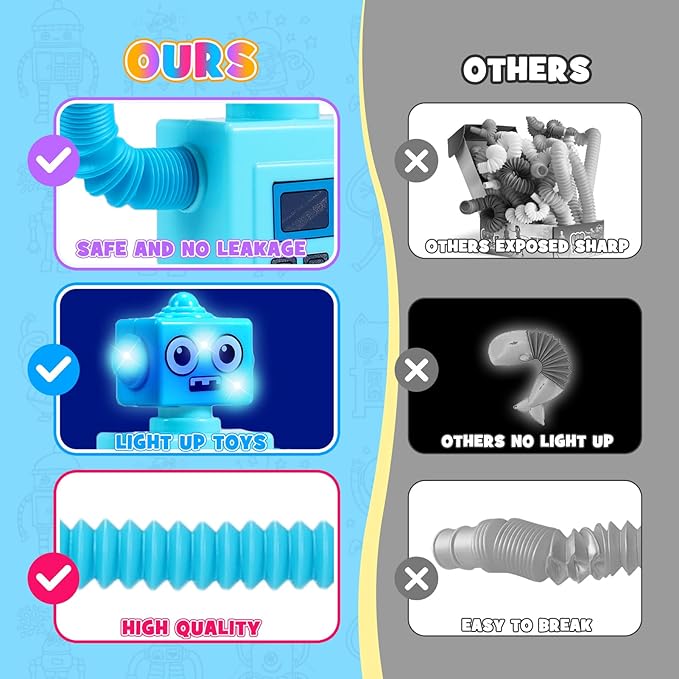 Robot Fidget Toys for Kids : 4 Pack LED Robotic Pop Tubes Telescopic Suction Cup Sensory Toy for 3 4 5 6 7 8 Year Old Boys Girls Halloween Birthday Gifts for Kid Ages 3-5 Toddler Travel Toy