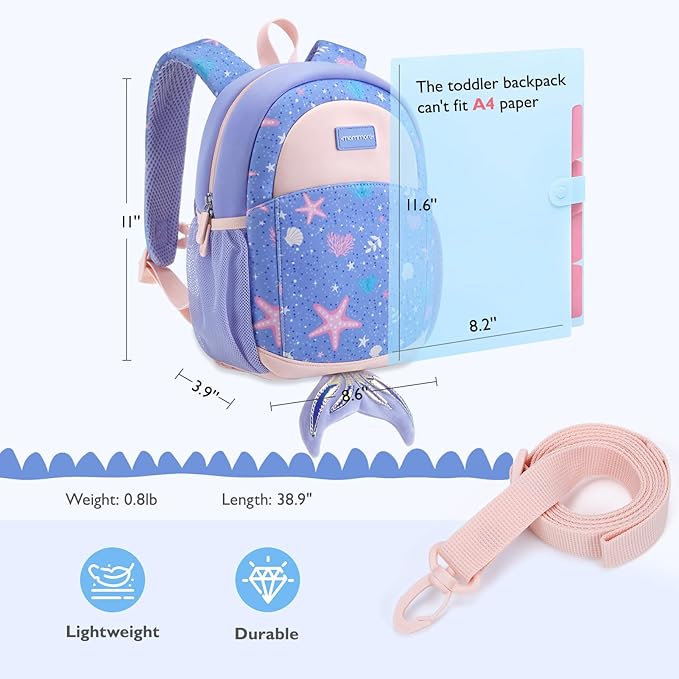 mommore Toddler Backpack for Girls 2-4 Neoprene Backpack with Kids Leash, 3D Cartoon Preschool Kindergarten Bookbag for Pre-k, Mermaid
