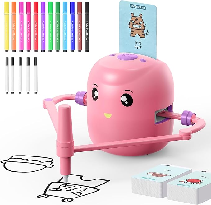 Interactive Educational Drawing Robot for Kids - Montessori Learning Toy with 100 Word Cards, Voice Interaction, Ages 5+ (Pink)