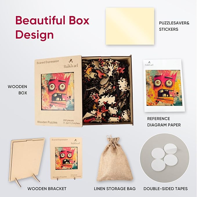 Ruikiyart Wooden Puzzles for Adults,5MM 200 Pieces Funny Scared Expression Wooden Jigsaw Puzzles, Unique Shaped Puzzle Gifts for Adults and Kids on Christmas, Family Puzzle Games (Red, 11.2''x11.2'')