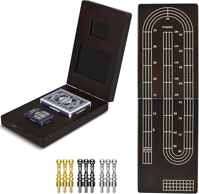 15.5'' Cribbage Board Game Set with Magnetic Lock, Folding Wooden Continuous 3 Track Scoreboard with Large Slots for Storing 1 Playing Cards and 9 Metal Pegs, Travel Game for Family Kid Adult