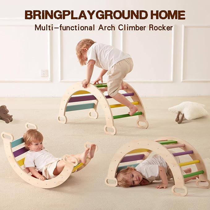 7 in 1 Large Pikler Triangle Set, Wooden Montessori Climbing Set, Foldable Toddler Baby Climbing Toys, Baby Climber Indoor Playground Jungle Gym for Toddlers Montessori Toys-Rainbow