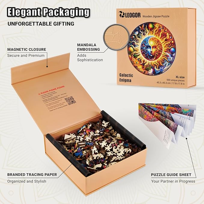 LEOGOR Wooden Jigsaw Puzzles for Adults 500 Pieces (17.8 x 17.8 in), Galactic Enigma Sun Moon Puzzle, Extra-Thick 5mm Wood, Unique Round Mosaic Puzzle with Animal Shaped Pieces, Advanced Brain Teaser
