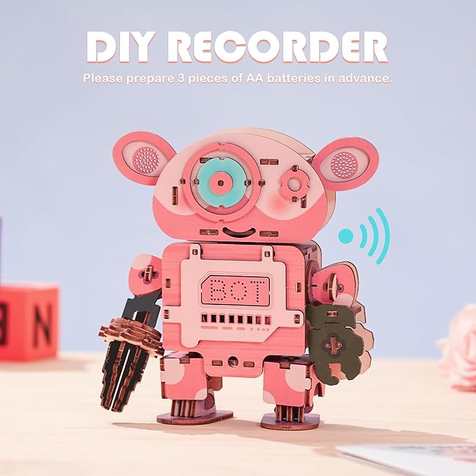 Kosmickiss 3D STEM Wooden Puzzles for Kids, 3D Wooden Models with Voice Recorder, Science STEM Building Kit Creative Craft Toys for Boys Girls Age 8-13 Years Education Birthday Gifts (Pink Robot)