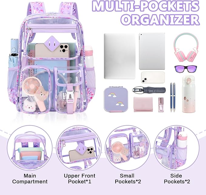 Clear Backpack for School,Heavy Duty PVC Transparent Bookbag for Girls Stadium Approved See Through Backpack