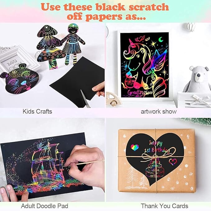 Mocoosy 60 Pcs Rainbow Scratch Art Paper for Kids, Magic Scratch Paper Set Art and Craft Kit, Black Scratch Sheets for Party Game Activities Birthday Gifts Toys Girls Boys 3 4 5 6 7 8 9 10 Years Old