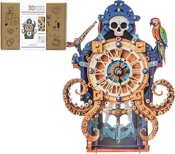 3D Wooden Octopus Pirate Puzzle Clock - Mechanical Model Kit with Anchor Pendulum & Pirate Theme, DIY Building Kit for Adults Teens, Vintage Wall Clock for Home Office Decor, Unique Gift for Men