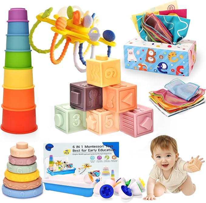 Montessori Toys for 1 Year old,Baby Toys 6-12 Months,6-in-1 Sensory Toy for Babies 6 month old,Stacking Blocks Cups,Pull String,Matching Eggs,Sensory Tissue Box Toy for Toddlers 6-9-12 Months Gifts