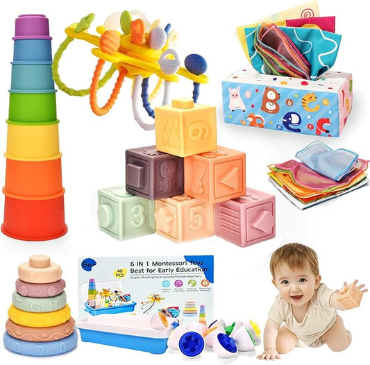 Montessori Toys for 1 Year old,Baby Toys 6-12 Months,6-in-1 Sensory Toy for Babies 6 month old,Stacking Blocks Cups,Pull String,Matching Eggs,Sensory Tissue Box Toy for Toddlers 6-9-12 Months Gifts