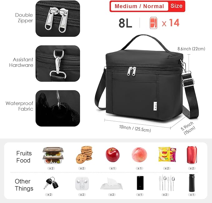 NOL Natural Organic Lifestyle Reusable Lunch Bags for Adults Lightweight Waterproof Lunch Box with Removable Adjustable Strap Insulated Leakproof Cooler Lunch Bag for Work Black Medium Size