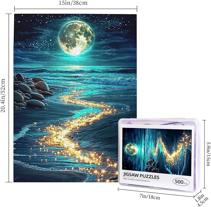 Seaside Moon Puzzles 500 Pieces ,Beach Puzzles for Adults,Ocean Beach Theme Jigsaw Puzzles,Seaside Puzzle 500 Pieces,Educational Toys Challenging Fun Games for Family and Friends