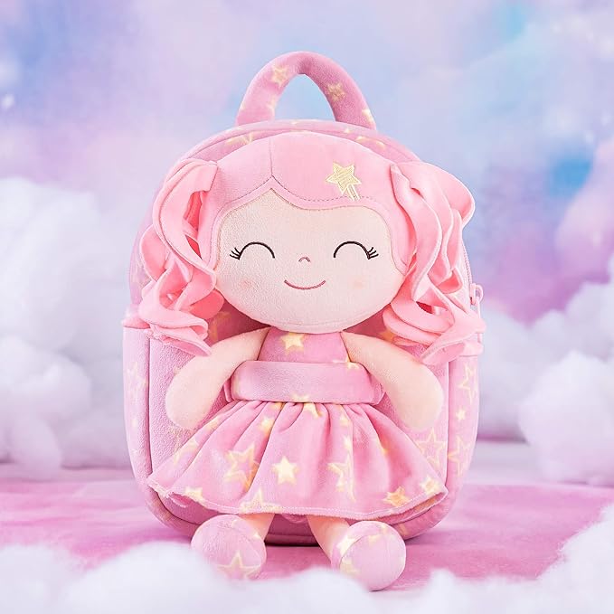 Gloveleya Toddler Backpack Baby Girl Gifts Curly Hair Plush Figures Dress Backpack Kids Backpack Curly Hair Spring Girl - Pink Head Pink Star 9inches