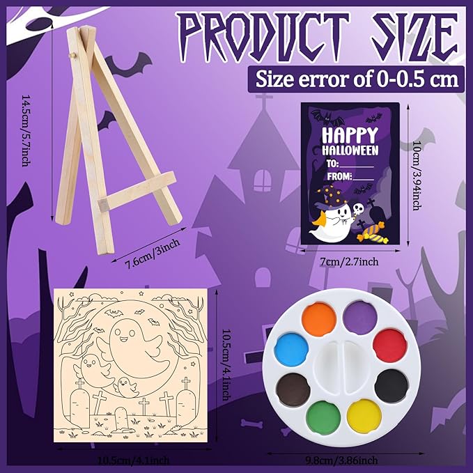 87 Pcs/12 Set Halloween Unfinished Wood Crafts Set Holiday Painting Gift Bulk Predrilled Wooden Ornaments Watercolor Paints with Cards Craft for Holiday Bags Party Supplies