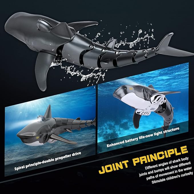 2.4G Remote Control Shark Toy 1:18 Scale High Simulation Shark for Swimming Pool Bathroom - Great Gift RC Boat Toys for 6+ Year Old Boys and Girls (with 2 Batteries)