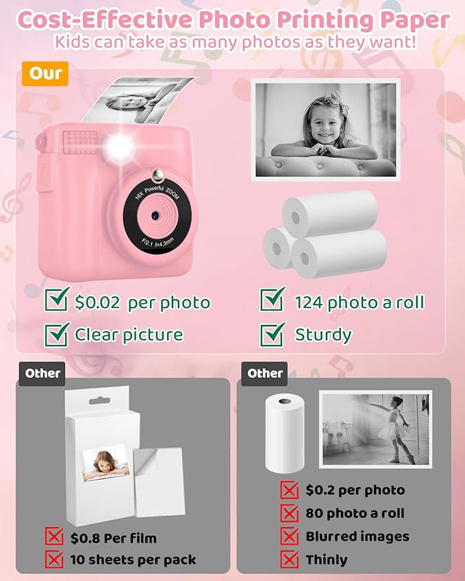 Instant Print Camera for Kids with 3 Rolls of Printer Paper, 1080P Toddler Digital Camera Toys for Age 3-12 with 32GB SD Card, Christmas & Birthday Gifts for 3 4 5 6 7 8 Year Old Girls & Boys (Pink)