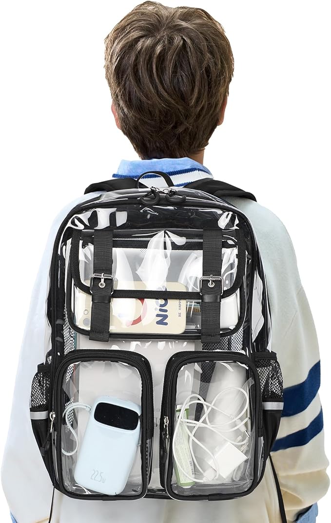 Clear Backpack for School - 17" Transparent Backpacks With Water-Resistant PVC Plastic Material and Ruggedly Reinforced Shoulder Straps, School Bag for Teen Boys Girls Black