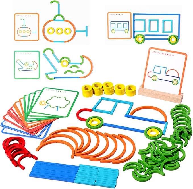 120pcs Wooden Pattern Blocks Shape Puzzles Sticks & Rings Wooden Tangram Puzzle Stem Preschool Brain Teaser Montessori Toys Gift for 3 4 5 Years Old Activity Kids Boy Girl
