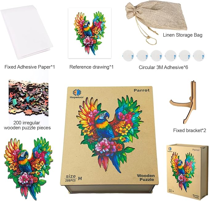 Wooden Puzzles for Adults Floral-Winged Parrot Puzzle - Laser-Cut Unique Shaped Stress Relief Jigsaw Puzzle, Wall Art Home Decor Gift for Family (14.9"×11.1" 200pcs)