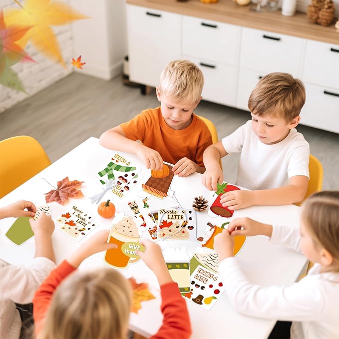 ANGOLIO Fall Coffee Stickers Craft Hanging Kit for Kids- 123pcs DIY Coffee Cup Thanks a Latte Sign Stickers, Autumn Ornaments for Boys Girls, Classroom Thanksgiving Decorations Exchange Party Supplies