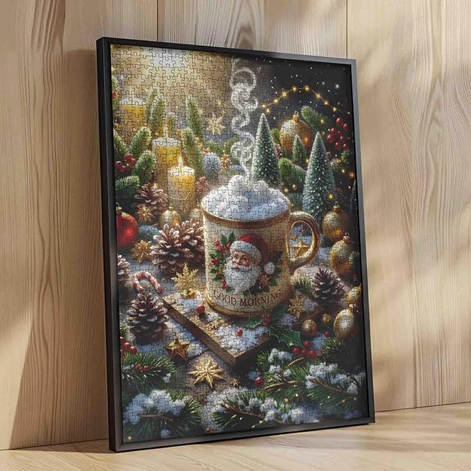 Merry Christmas 1000 Piece Jigsaw Puzzles for Adults Cup of Hot Chocolate Painting Jigsaw Puzzle Santa Claus/Christmas Father Puzzles 20''x27”inch Xmas Trees1000 Pieces Wall Decor Family Challenging
