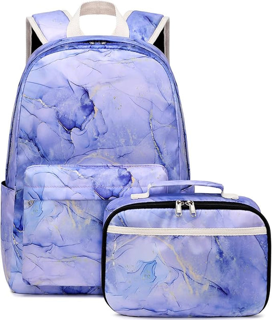 JIANYA Backpack for Girls, Elementary Kids School Backpacks Marble Bookbag for Girls Backpack with Lunch Box, Purple