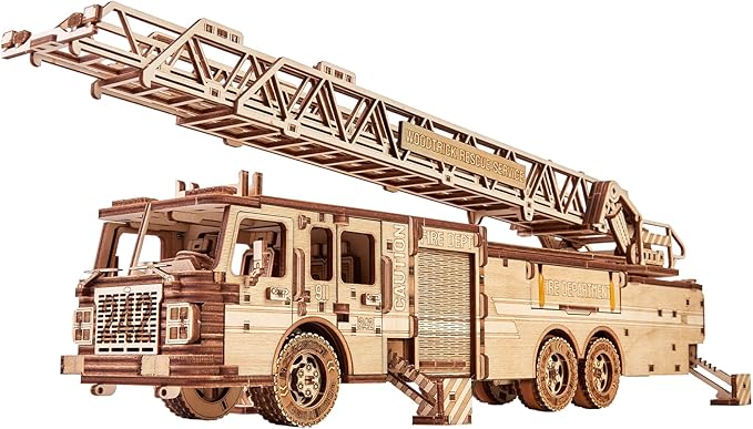 Wood Trick Rescue Firetruck Movable - Rotating Extendable Ladder - 3D Wooden Puzzles for Adults to Build - Rides up to 20 ft - Wooden Models Engineering DIY Project Mechanical Model Kit