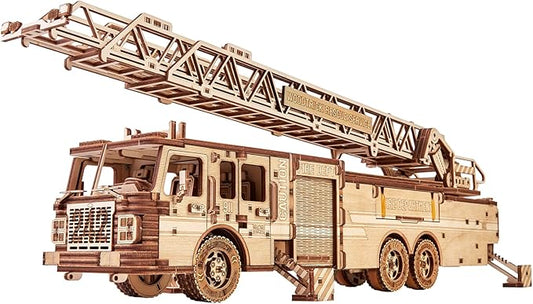 Wood Trick Rescue Firetruck Movable - Rotating Extendable Ladder - 3D Wooden Puzzles for Adults to Build - Rides up to 20 ft - Wooden Models Engineering DIY Project Mechanical Model Kit