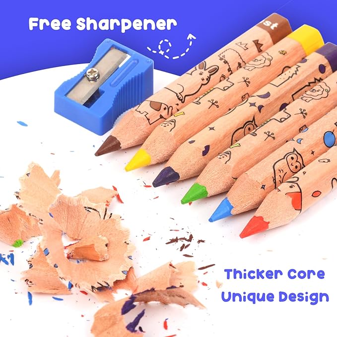 ThEast 12 Short Colored Pencils for Kids, Cute Animal Toddlers Crayons Color Pencil with Sharpener, Preschool Party Favors, Pre-Sharpened(Pack of 1)