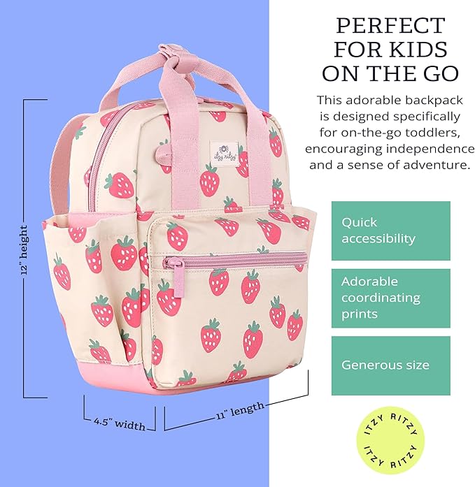 Itzy Ritzy Toddler Backpack - Daycare Bag - Features Adjustable Shoulder Straps, 2 Side Pockets & Spacious Interior with Wipeable Fabric Lining & Name Label, Strawberry Backpack