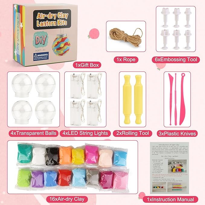 4 Set Kids Clay Arts and Crafts, Kid Craft Kit 8-12, Air Dry Clay Lantern Boys Girls Art Kits, Class Activities Group Projects Ages 7 8 9 10 11 Year Old, Fun Camping Crafts Christmas Stocking Stuffers