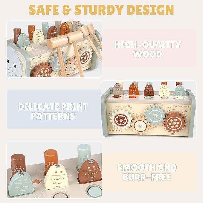 Joyreal Wooden Montessori Toys for 1 Year Old - Hammering Pounding Toy with Xylophone & Fishing Game - Educational Toddler Activities for 1 2 3 Year Old Christmas Birthday Gifts