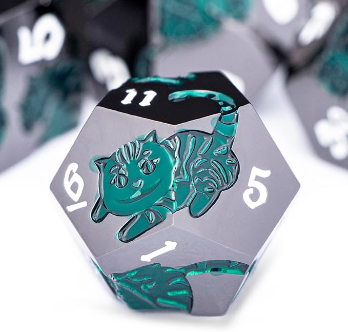 Metal DND Cat Dice 7PCS Polyhedral RPG Dice Set with Gift Case for Dungeons Dragons Role Playing Game, D and D Dice D6 D8 D10 D12 D20 D% (Green Black)