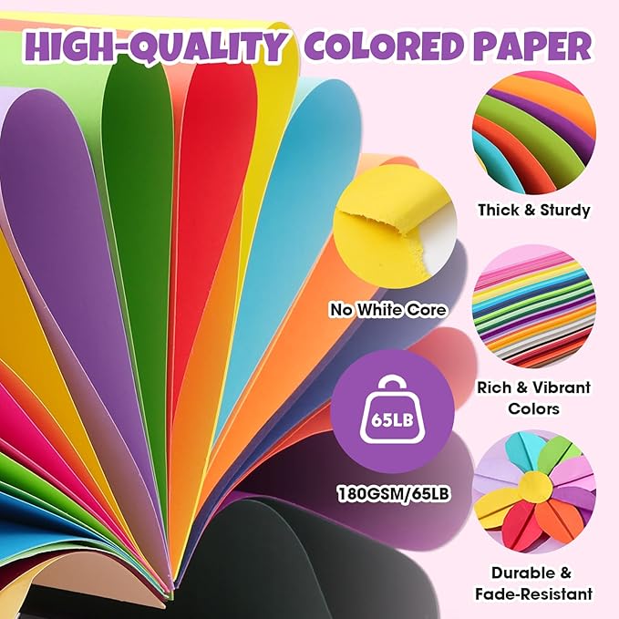 100 Sheets 8.5" X 11" Colored Cardstock, 50 Assorted Colors Construction Paper Card Stock Printer Paper for Printing, Card Making, DIY Crafts, Kids School Supplies,Party Decorations (180 GSM)