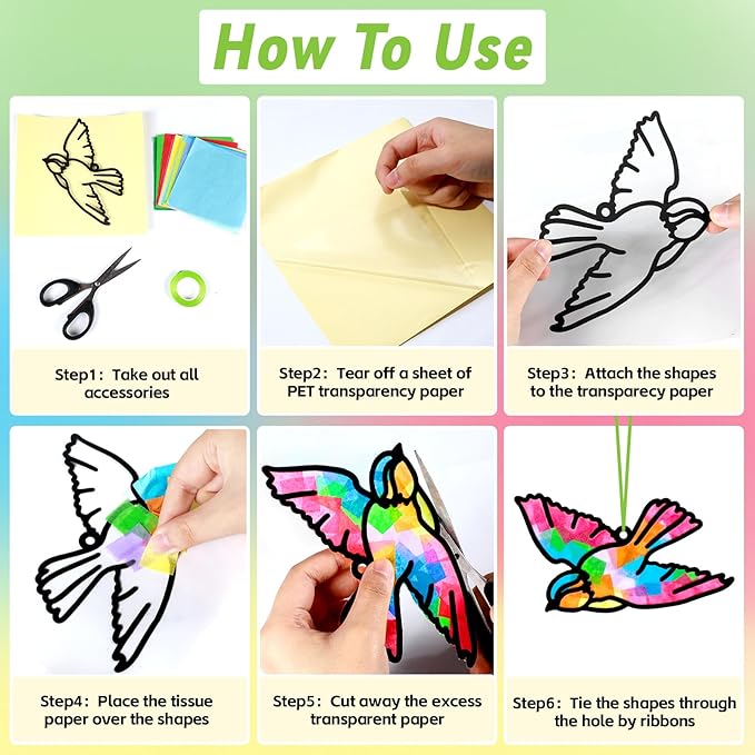 Qyeahkj 36 Set Bird Suncatchers Crafts for Kids DIY Bird Window Tissue Paper Craft Kit Animal Hanging Decor for Summer School Home Activity Art Project Birthday Party Favor Gift