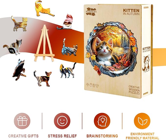 Wooden Puzzles for Adults - Kitten in Autumn Wooden Jigsaw Puzzle, Unique Animal Shaped Wood Puzzles Adult, Christmas Birthday Gifts for Friends/Family, Home Decor 13.4 * 13.2in 280pcs
