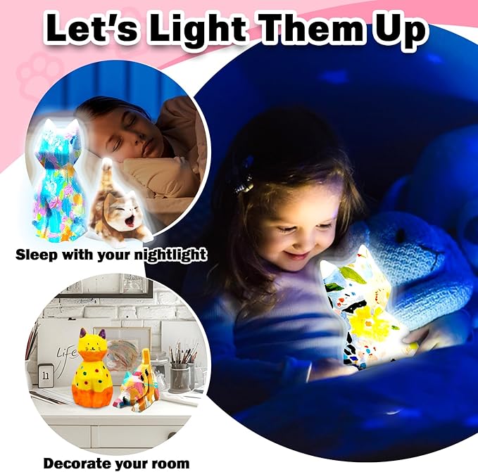 FUNZBO 2pcs Paint Your Own Cat Lamp Kit - Arts and Crafts Supplies Kitten Painting Kits for Kids Teens Adults, DIY Night Light Toy for Toddlers Girl Boy Ages 3 4 5 6 7 8 9 10 11 12 13 + Birthday Gifts