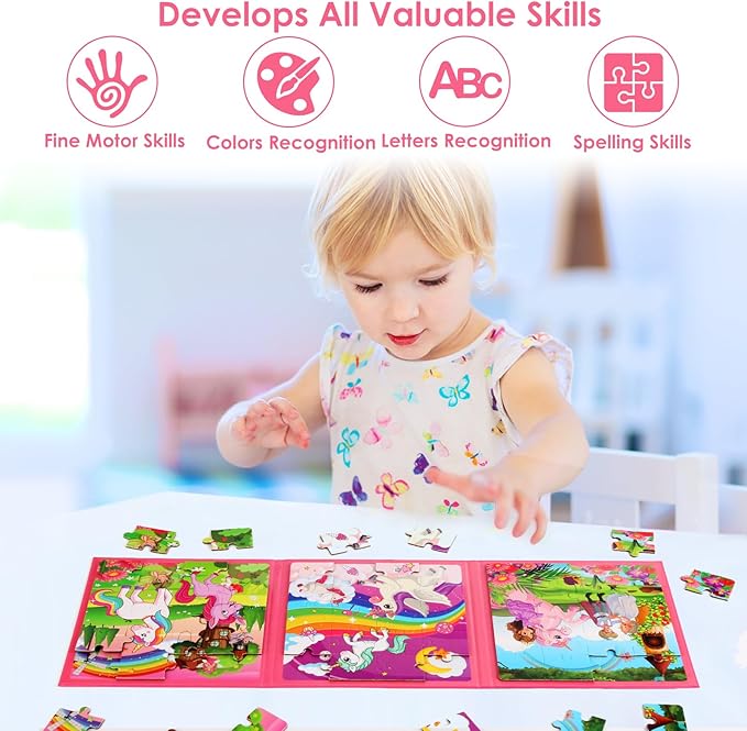 Magnetic Puzzles for Kids Ages 4-6, 20-Piece Toddler Travel Toys Unicorn Princess Puzzles Ages 3-5, Educational Learning Magnets, Ideal Road Trip Activities Toys for 3 4 5 6 Boys and Girls