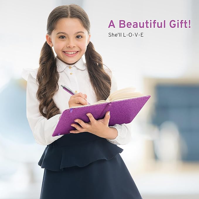 Purple Glitter Notebook, 8.4"x 5.7", 200 Lined Pages, No-Shed Sparkle Journal for Girls & Women, A5 Hardcover Diary for Writing, Birthday Gift for Teen Kids, Trendy Stuff for 6 8 9 10 11 12 Year Old