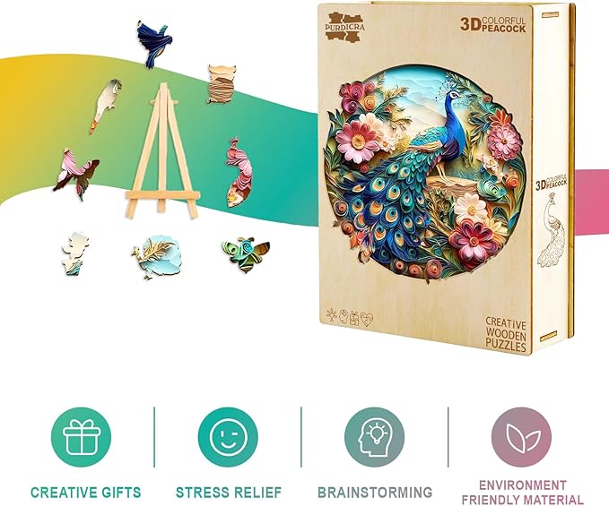 Wooden Puzzles for Adults, Unique Animal Shaped Adults Puzzle, Colorful Peacock Wooden Jigsaw Puzzles Adult, Challenging Creative Gifts Family Games 13.4 * 13.4in 300pcs