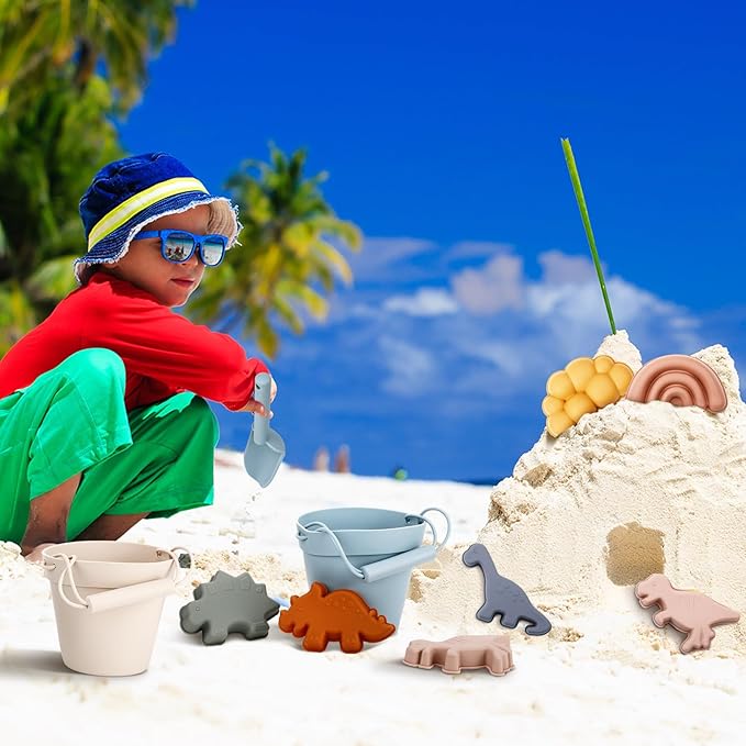 Hungdao 16 Pcs Silicone Beach Toys and 1 Mesh Beach Bag Set Collapsible Sand Toys Travel Sand Box Blue Red Bucket Shovel and 3D Marine Theme Molds for Summer Outdoor (Cute Style)