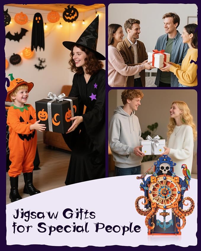 3D Wooden Puzzles for Adults, Octopus Sea Monster Clock DIY Set, Beginner 38 Pcs Wooden Puzzles, Creative Gift Ideas for Adults Teens, Home Decor