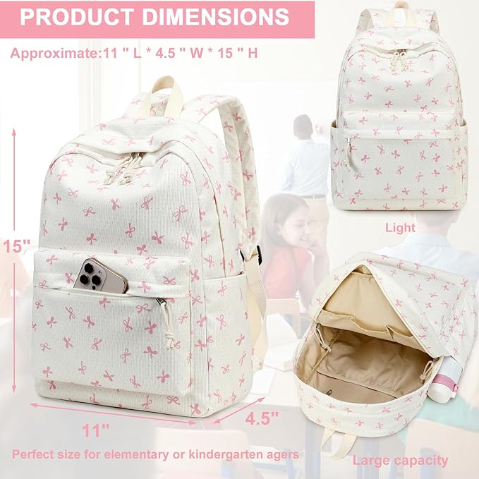 LEDAOU Kids School Backpack with Lunch Box for Girls Toddler BookBag School Bag Preschool Kindergarten Backpack (Pink bow)
