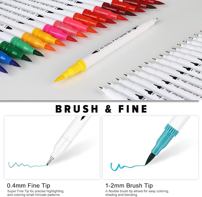 GC 100 Dual Tip Brush Pen Coloring Markers Set Flexible Brush Fineliner Tips - Watercolor Based Markers for Adult Coloring Books Calligraphy Hand Lettering Drawing Markers 100W