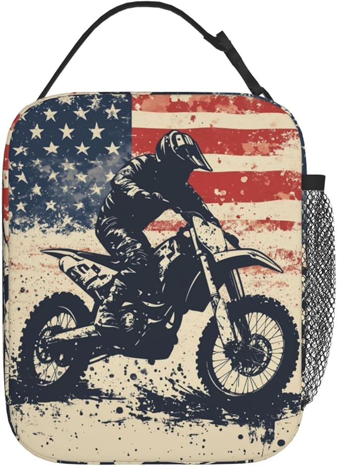 Dirt Bike Lunch Bag for Women Men Adults, Insulated Lunch Box for Work, Sports, Travel, Picnic,Hiking, Fishing, Motocross American Flag Theme Lunchbox Gifts