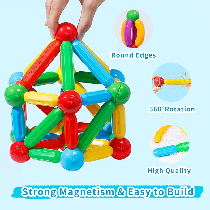 TOKBLOK Magnetic Blocks for 3 Years Old Girls Boys Magnetic Building Sticks Preschool Educational Learning STEM Toys Toddler Montessori Magnet Toys Kids Gift - 76Pcs Starter Set