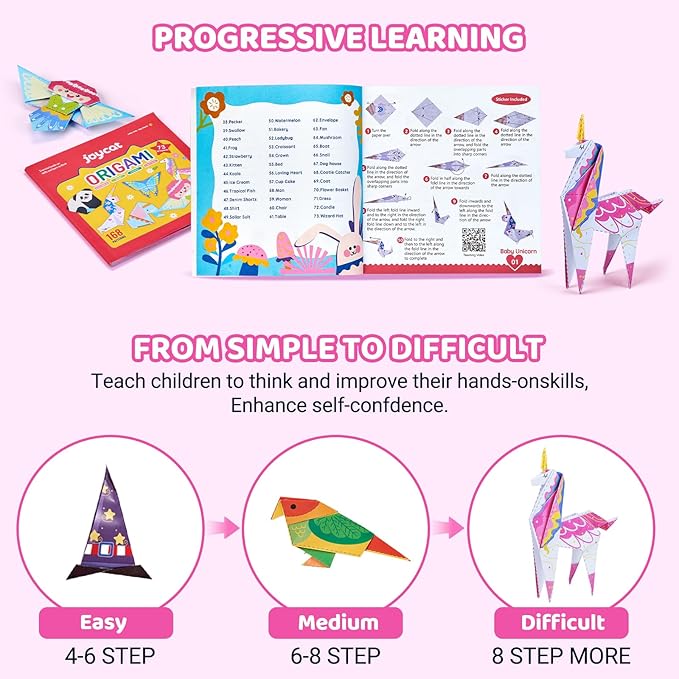 JoyCat Origami Paper Kit for Kids,180 Sheet 5.5x5.5 Colorful Paper,73 Unique & Unicorn Style with Instruction Book,Art&Crafts Supply Set for Ages 5-12 Girl,Ideal DIY & Educational Toy,Gift for Kids