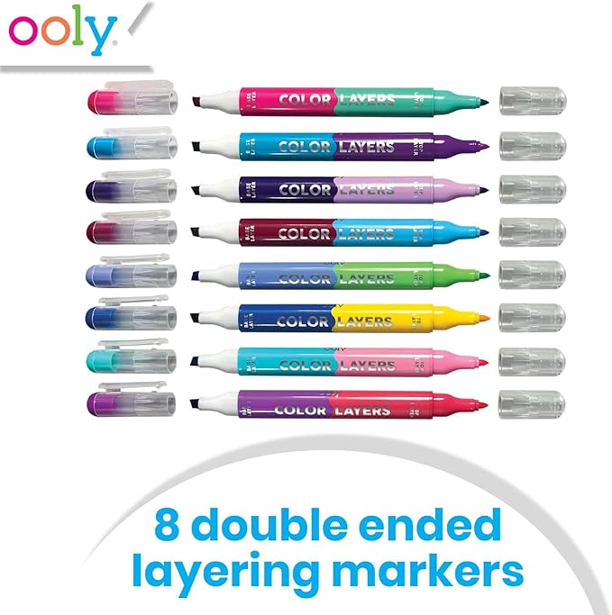 Ooly Color Layers Double Sided Markers - Set of 8 Colored Markers, 16 Colors Chisel and Point Tip on Each Marker for Kids, Non Toxic School Supplies, Art Supplies and Stationery Set - Color Layering